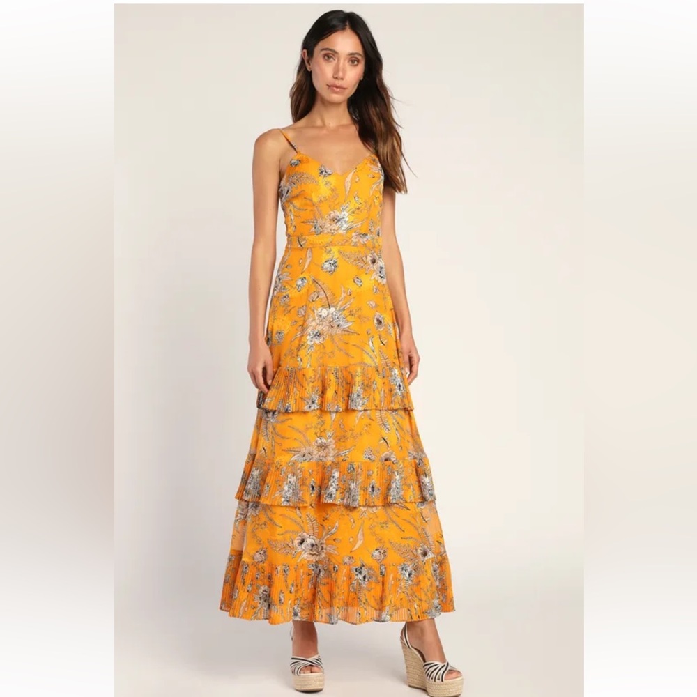 Beaming Babe Golden Yellow Floral Jacquard Tiered Maxi Dress